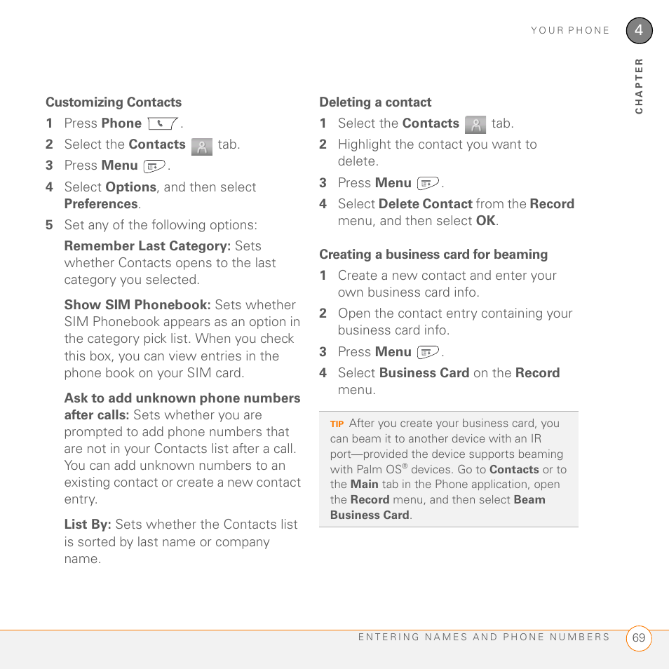 Customizing contacts, Deleting a contact, Creating a business card for beaming | Palm PDA CentroTM Smart Device User Manual | Page 69 / 326