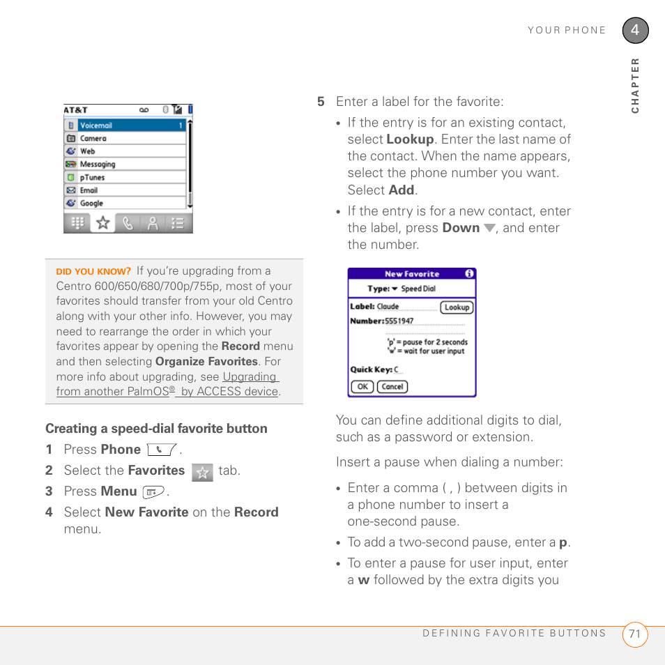 Creating a speed-dial favorite button | Palm PDA CentroTM Smart Device User Manual | Page 71 / 326