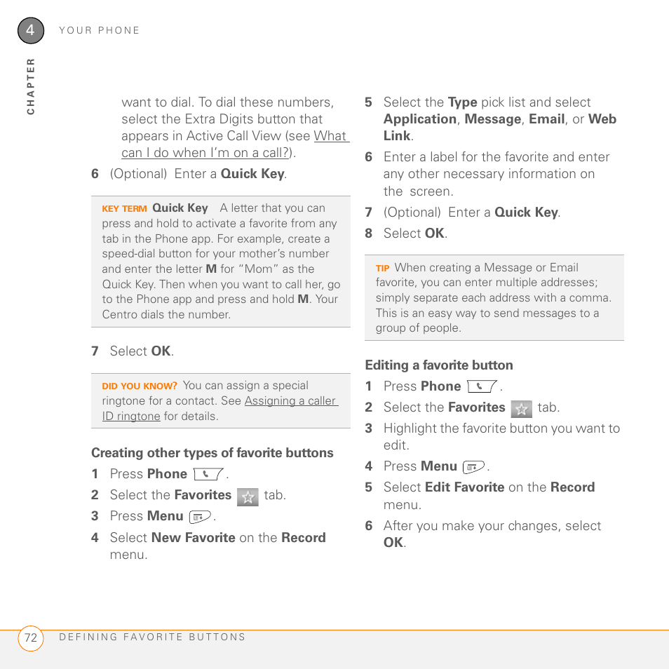 Creating other types of favorite buttons, Editing a favorite button | Palm PDA CentroTM Smart Device User Manual | Page 72 / 326