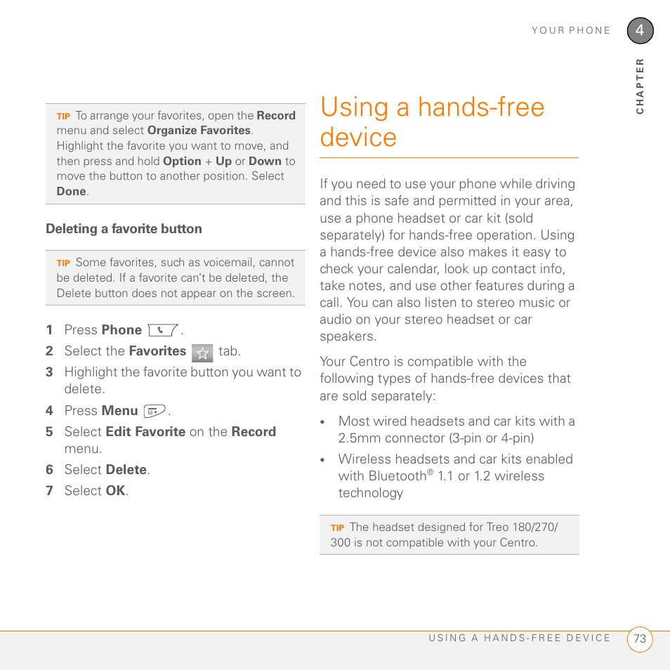 Deleting a favorite button, Using a hands-free device | Palm PDA CentroTM Smart Device User Manual | Page 73 / 326