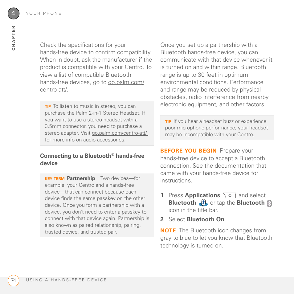 Connecting to a bluetooth® hands-free device, Ee connecting to a bluetooth, Hands-free device | Palm PDA CentroTM Smart Device User Manual | Page 74 / 326