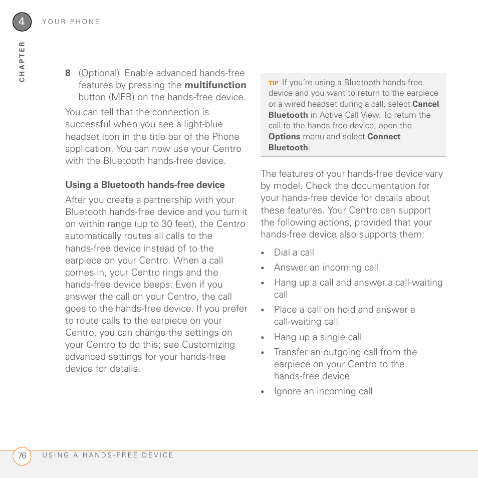 Using a bluetooth hands-free device | Palm PDA CentroTM Smart Device User Manual | Page 76 / 326