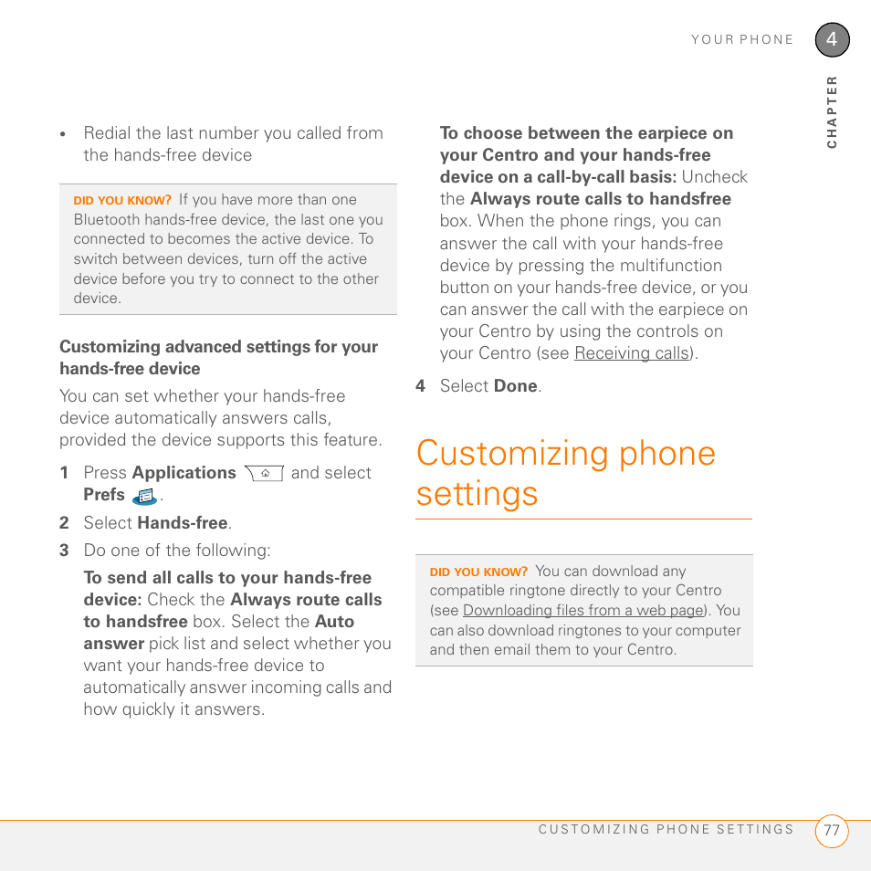 Customizing phone settings | Palm PDA CentroTM Smart Device User Manual | Page 77 / 326