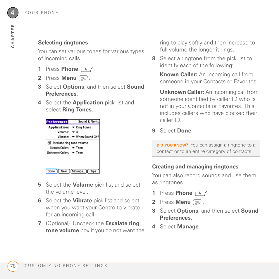 Selecting ringtones, Creating and managing ringtones | Palm PDA CentroTM Smart Device User Manual | Page 78 / 326