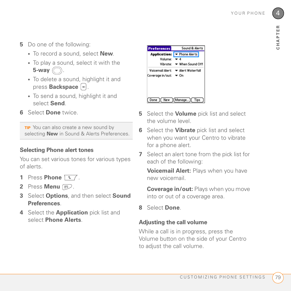 Selecting phone alert tones, Adjusting the call volume | Palm PDA CentroTM Smart Device User Manual | Page 79 / 326