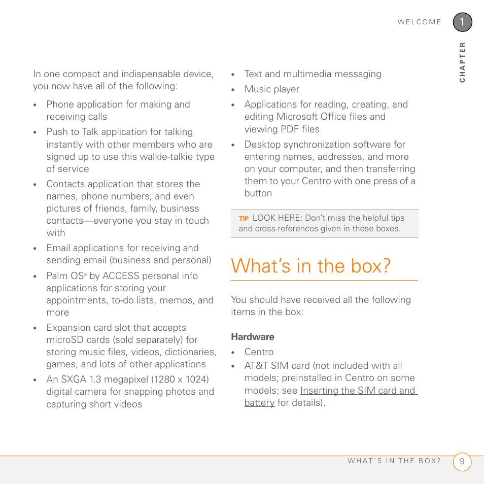 What’s in the box, Hardware | Palm PDA CentroTM Smart Device User Manual | Page 9 / 326