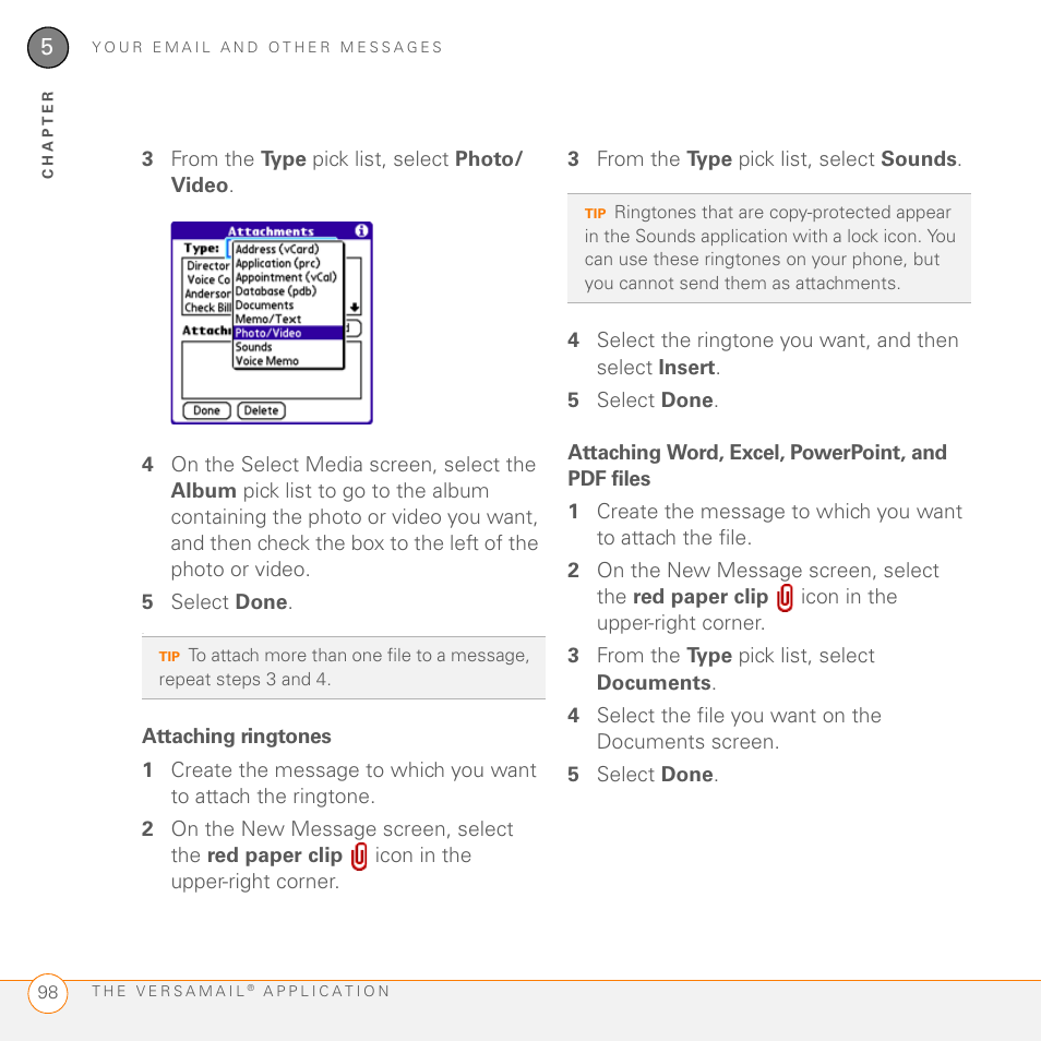 Attaching ringtones, Attaching word, excel, powerpoint, and pdf files | Palm PDA CentroTM Smart Device User Manual | Page 98 / 326