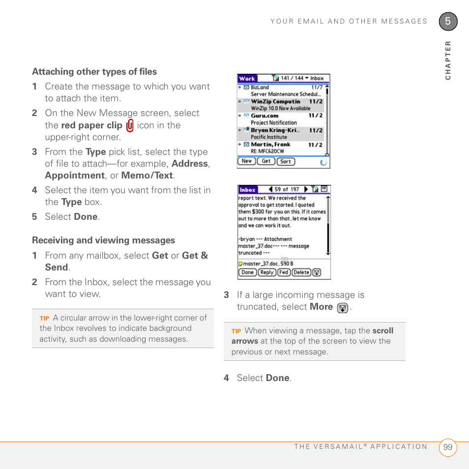 Attaching other types of files, Receiving and viewing messages | Palm PDA CentroTM Smart Device User Manual | Page 99 / 326