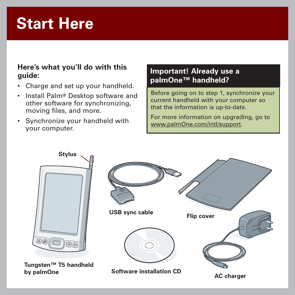 Start here | Palm Handheld by palmOne Software installation CD T5 User Manual | Page 2 / 12