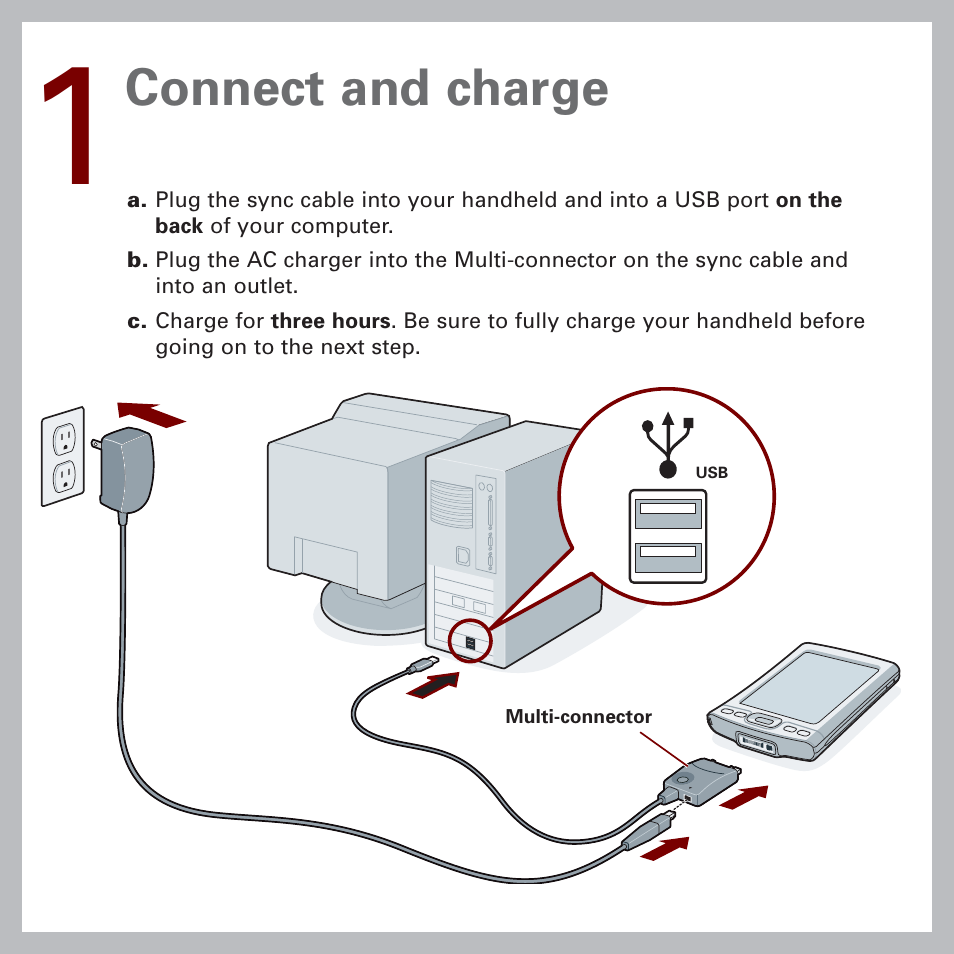 Connect and charge | Palm Handheld by palmOne Software installation CD T5 User Manual | Page 3 / 12