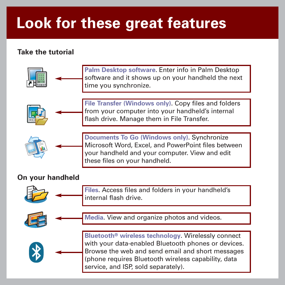 Look for these great features | Palm Handheld by palmOne Software installation CD T5 User Manual | Page 7 / 12
