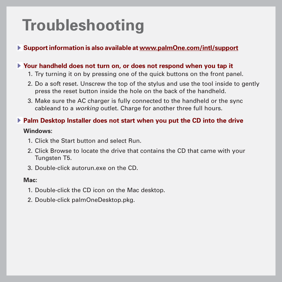 Troubleshooting | Palm Handheld by palmOne Software installation CD T5 User Manual | Page 8 / 12