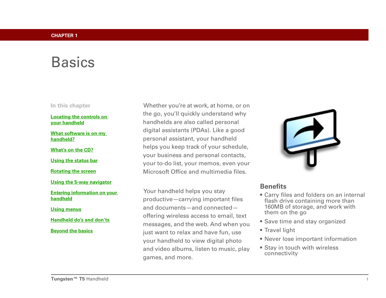 Basics, Chapter 1: basics | Palm Tungsten T5 User Manual | Page 10 / 172