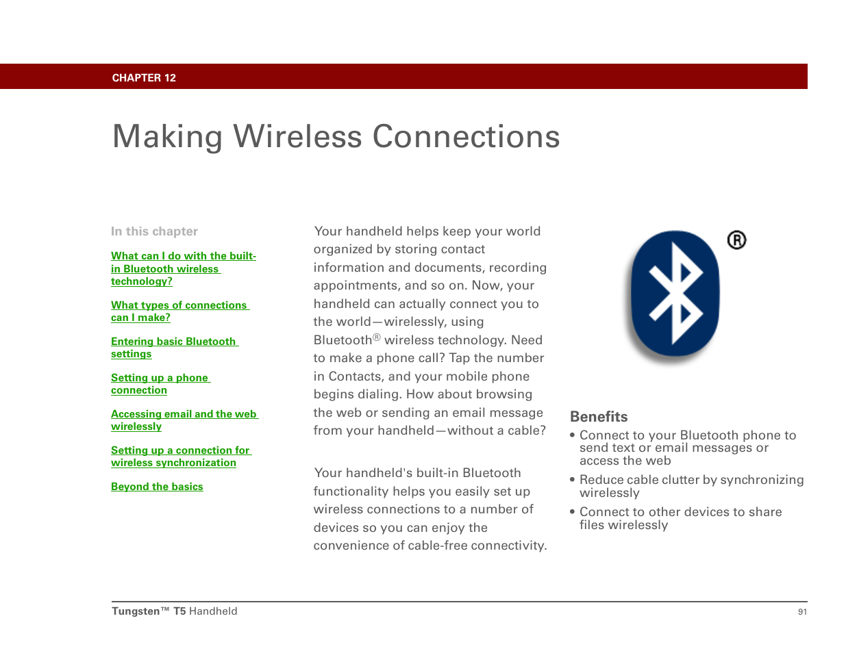Making wireless connections, Chapter 12: making wireless connections, E bluetooth dialog bo | Palm Tungsten T5 User Manual | Page 100 / 172