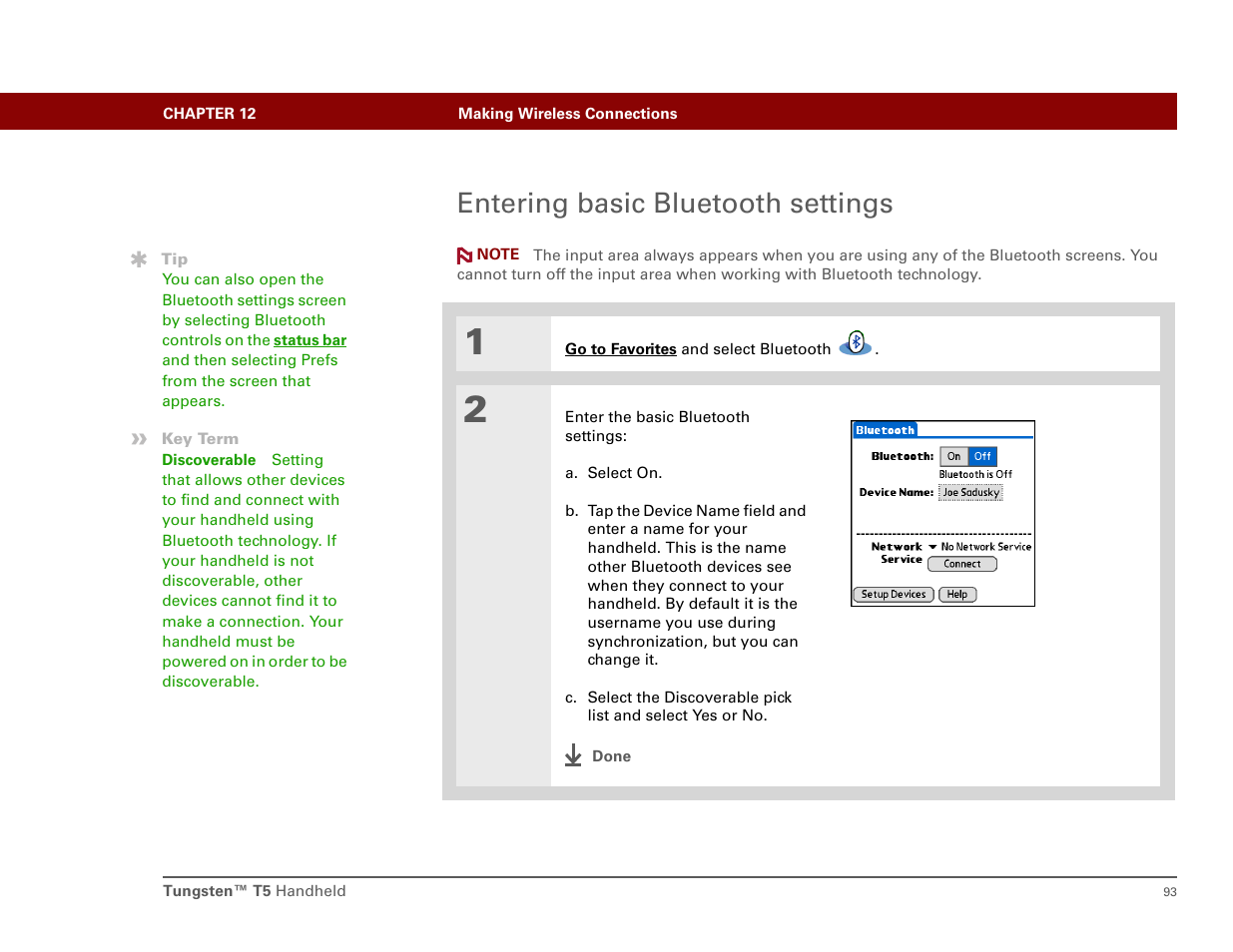 Entering basic bluetooth settings | Palm Tungsten T5 User Manual | Page 102 / 172