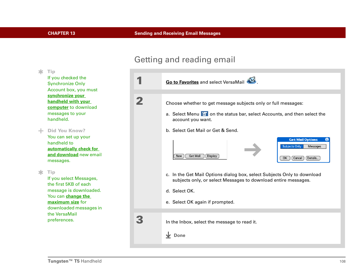 Getting and reading email, Get and send in | Palm Tungsten T5 User Manual | Page 117 / 172