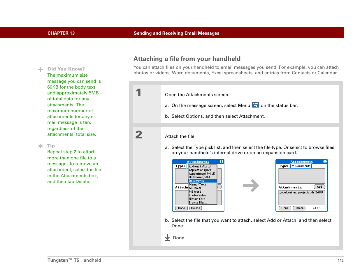 Attaching a file from your handheld | Palm Tungsten T5 User Manual | Page 121 / 172