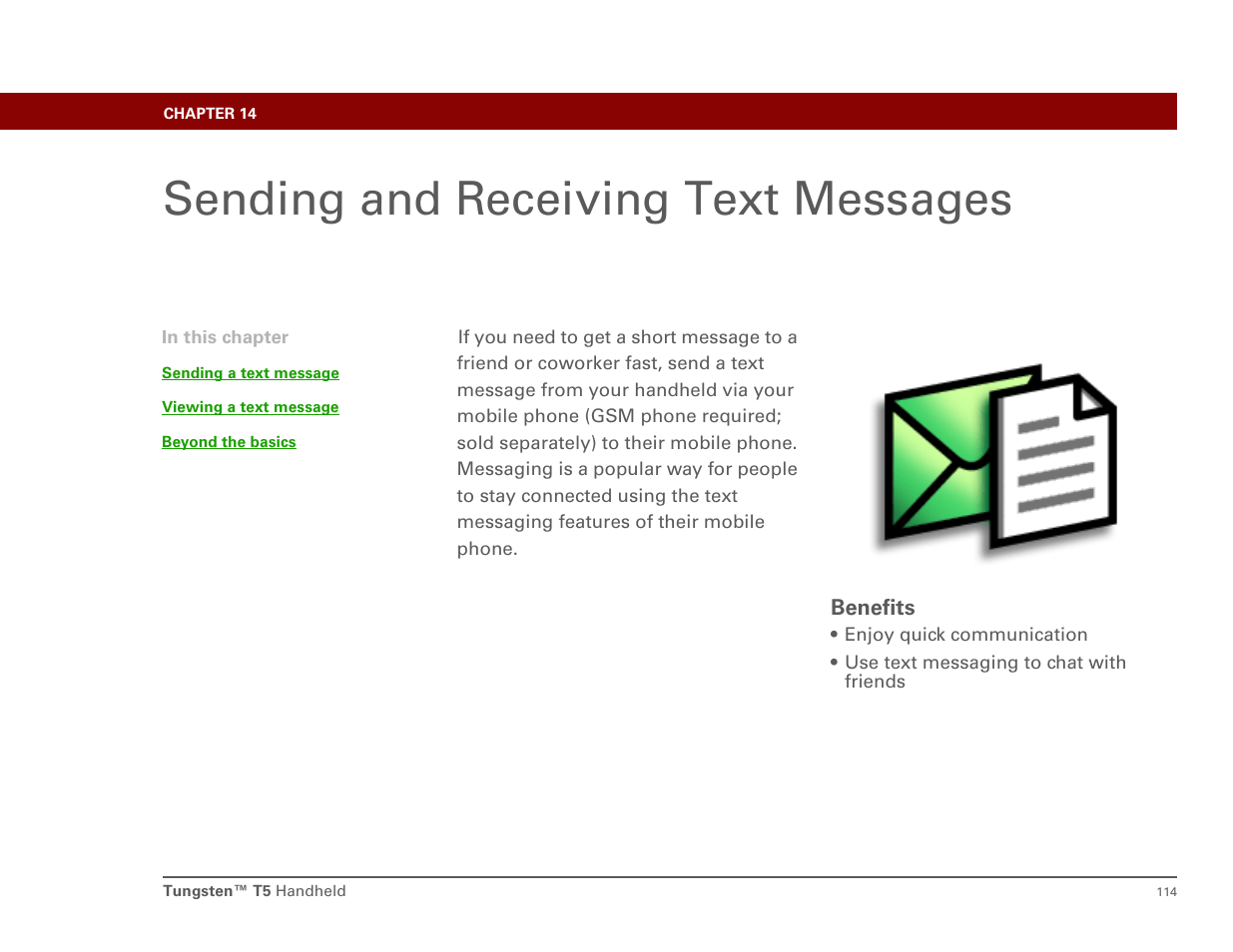 Sending and receiving text messages, Chapter 14: sending and receiving text messages | Palm Tungsten T5 User Manual | Page 123 / 172