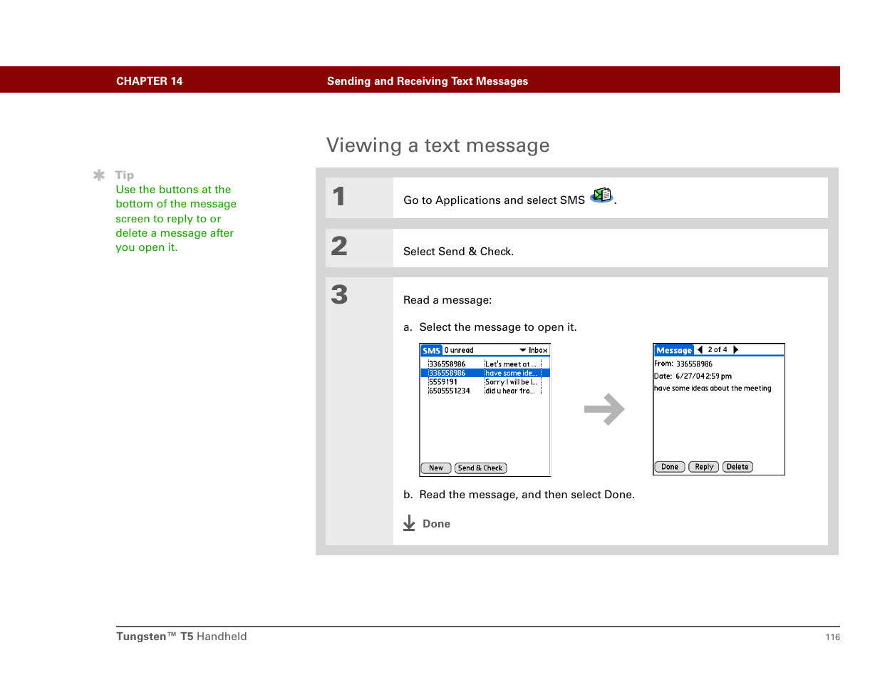 Viewing a text message | Palm Tungsten T5 User Manual | Page 125 / 172