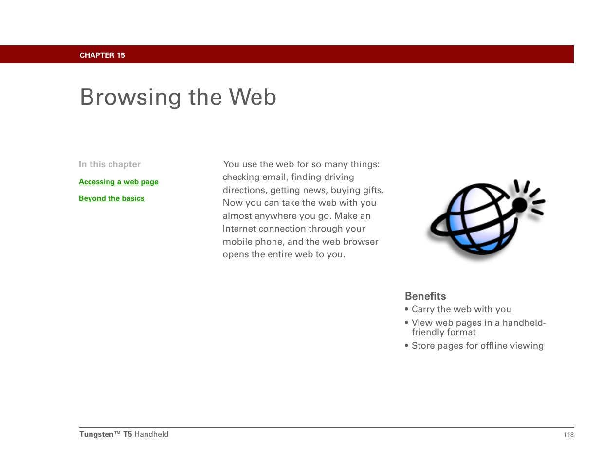 Browsing the web, Benefits, Chapter 15: browsing the web | Browse the web | Palm Tungsten T5 User Manual | Page 127 / 172