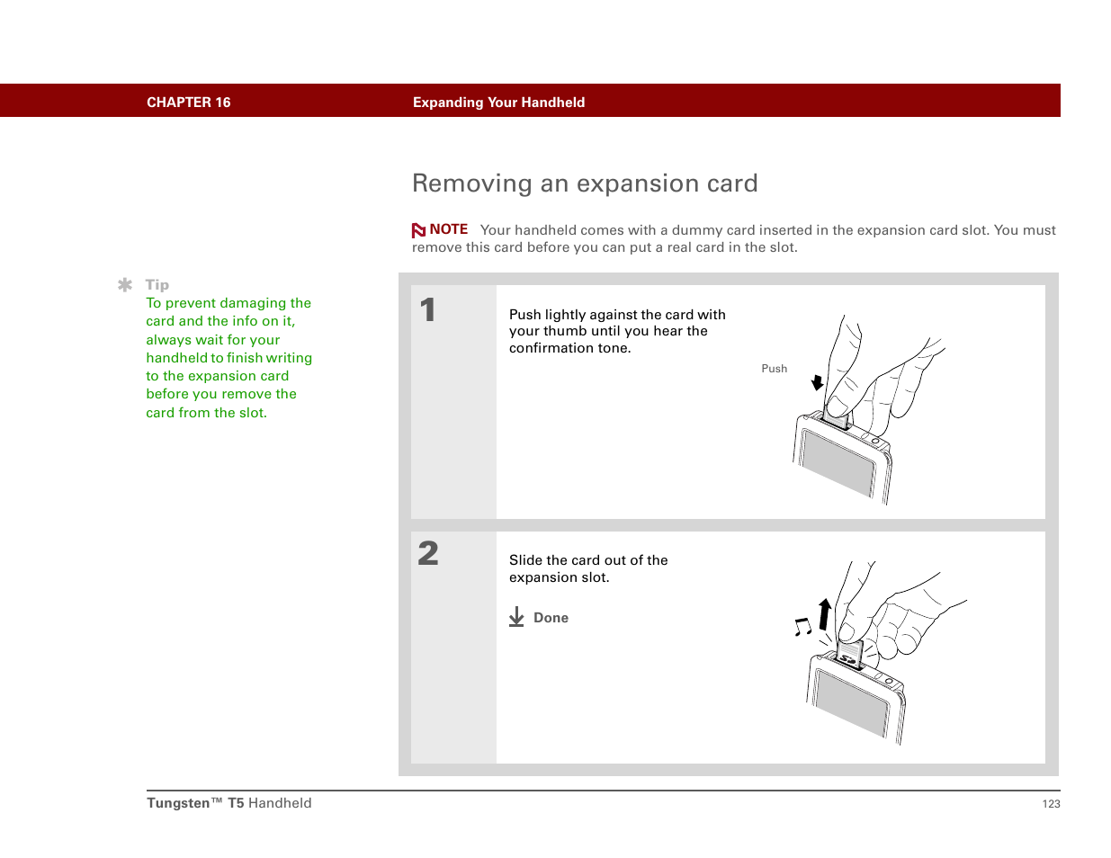 Removing an expansion card | Palm Tungsten T5 User Manual | Page 132 / 172