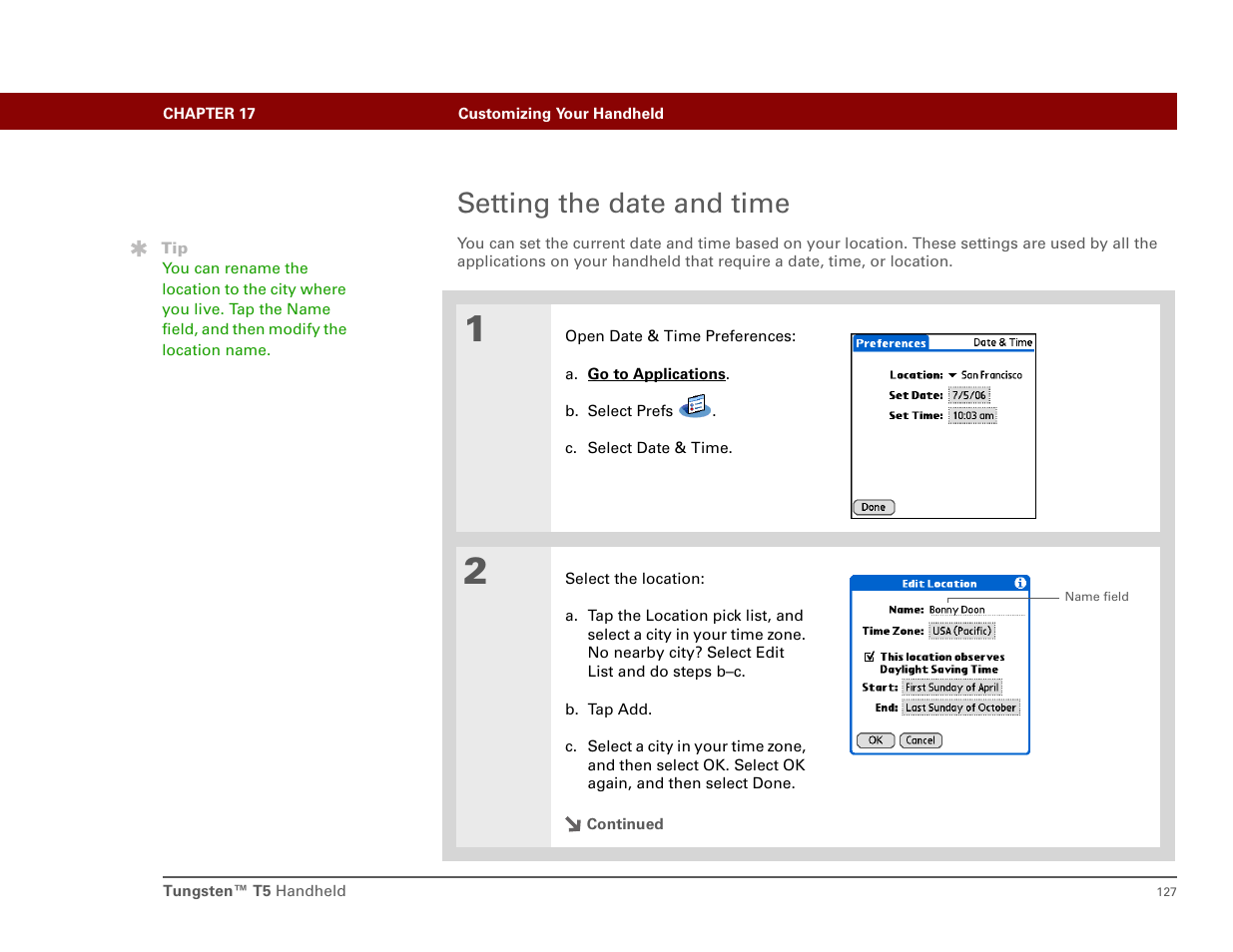 Setting the date and time | Palm Tungsten T5 User Manual | Page 136 / 172