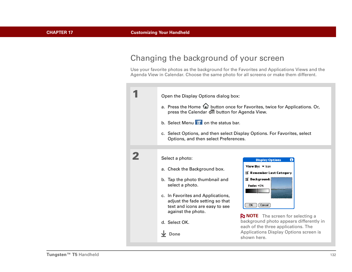 Changing the background of your screen, Select, Photos as the background | Palm Tungsten T5 User Manual | Page 141 / 172