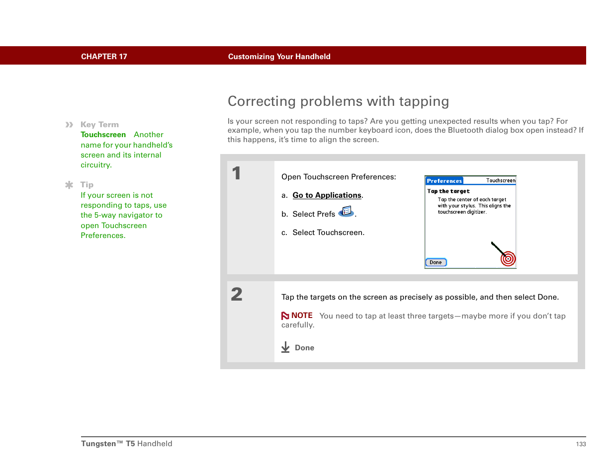 Correcting problems with tapping | Palm Tungsten T5 User Manual | Page 142 / 172