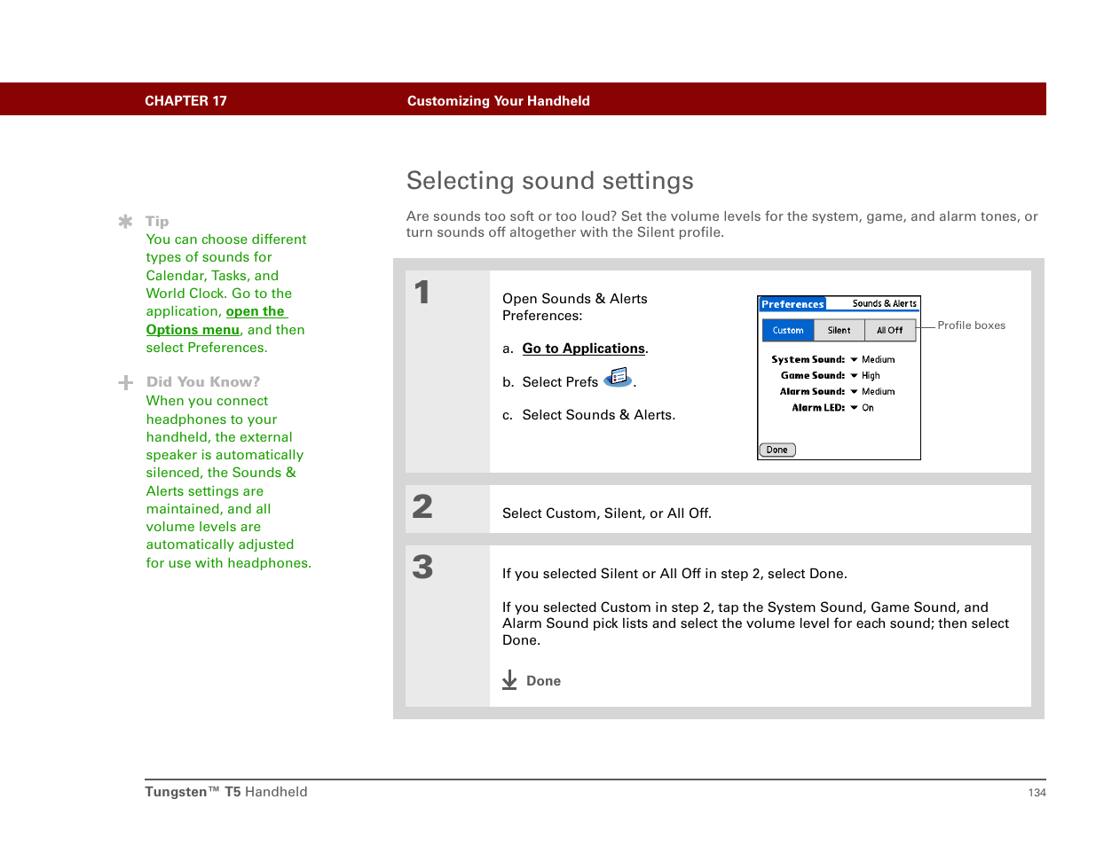 Selecting sound settings | Palm Tungsten T5 User Manual | Page 143 / 172