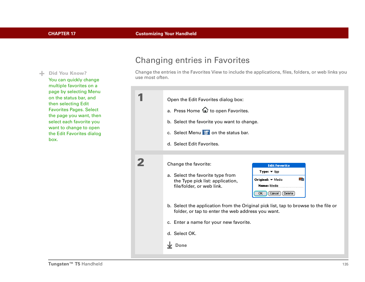 Changing entries in favorites | Palm Tungsten T5 User Manual | Page 144 / 172