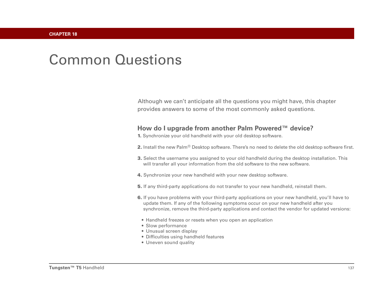 Common questions, Chapter 18: common questions | Palm Tungsten T5 User Manual | Page 146 / 172