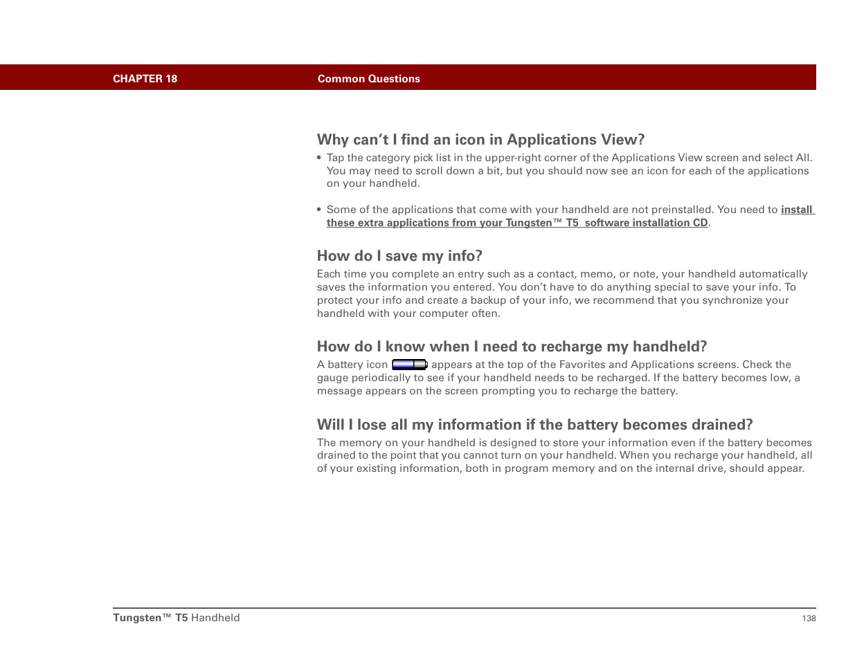 Why can’t i find an icon in applications view, How do i save my info, How do i know when i need to recharge my handheld | Palm Tungsten T5 User Manual | Page 147 / 172