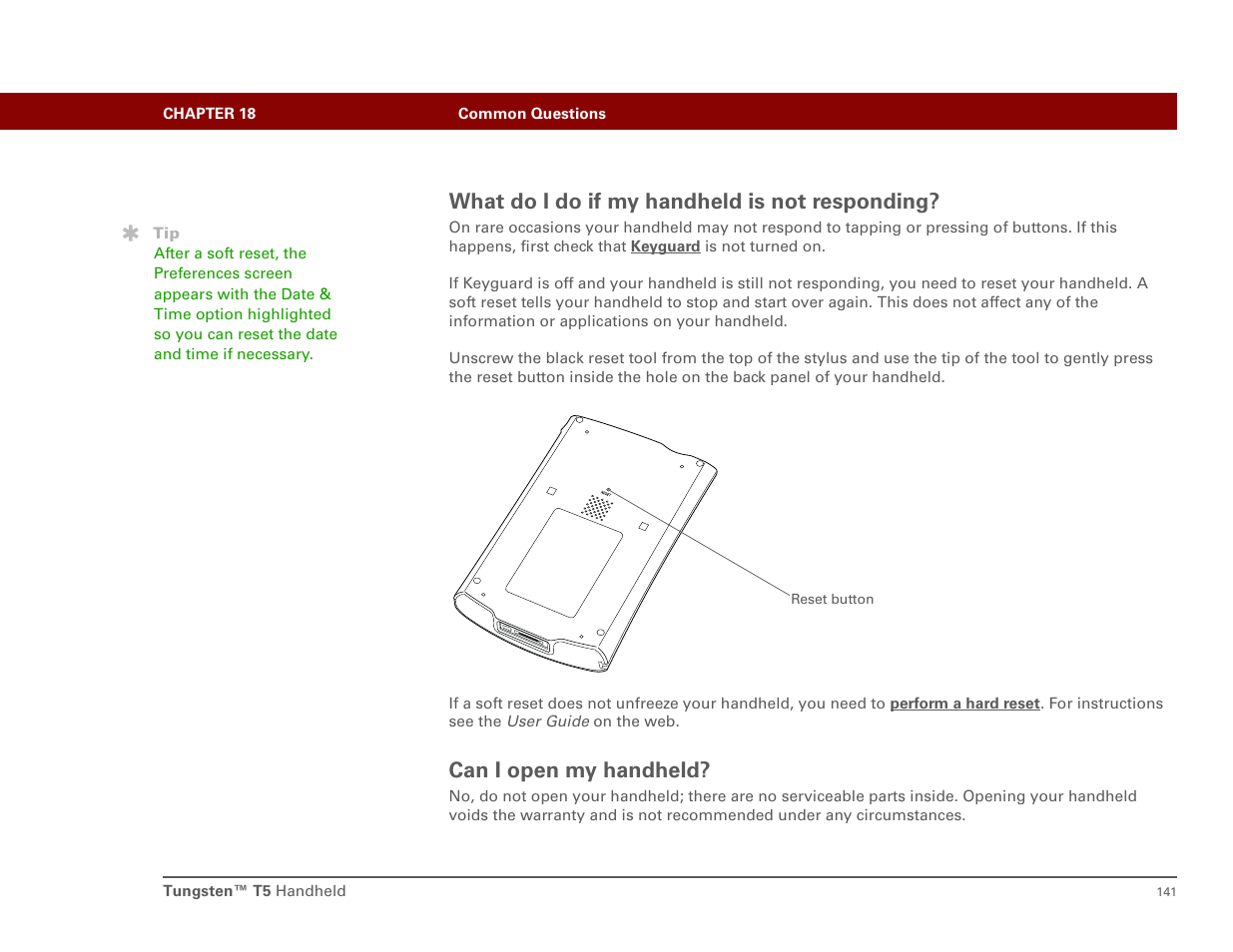 What do i do if my handheld is not responding, Can i open my handheld | Palm Tungsten T5 User Manual | Page 150 / 172