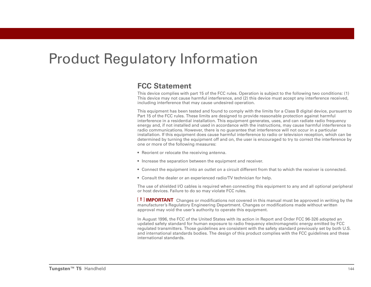 Product regulatory information, Fcc statement | Palm Tungsten T5 User Manual | Page 153 / 172