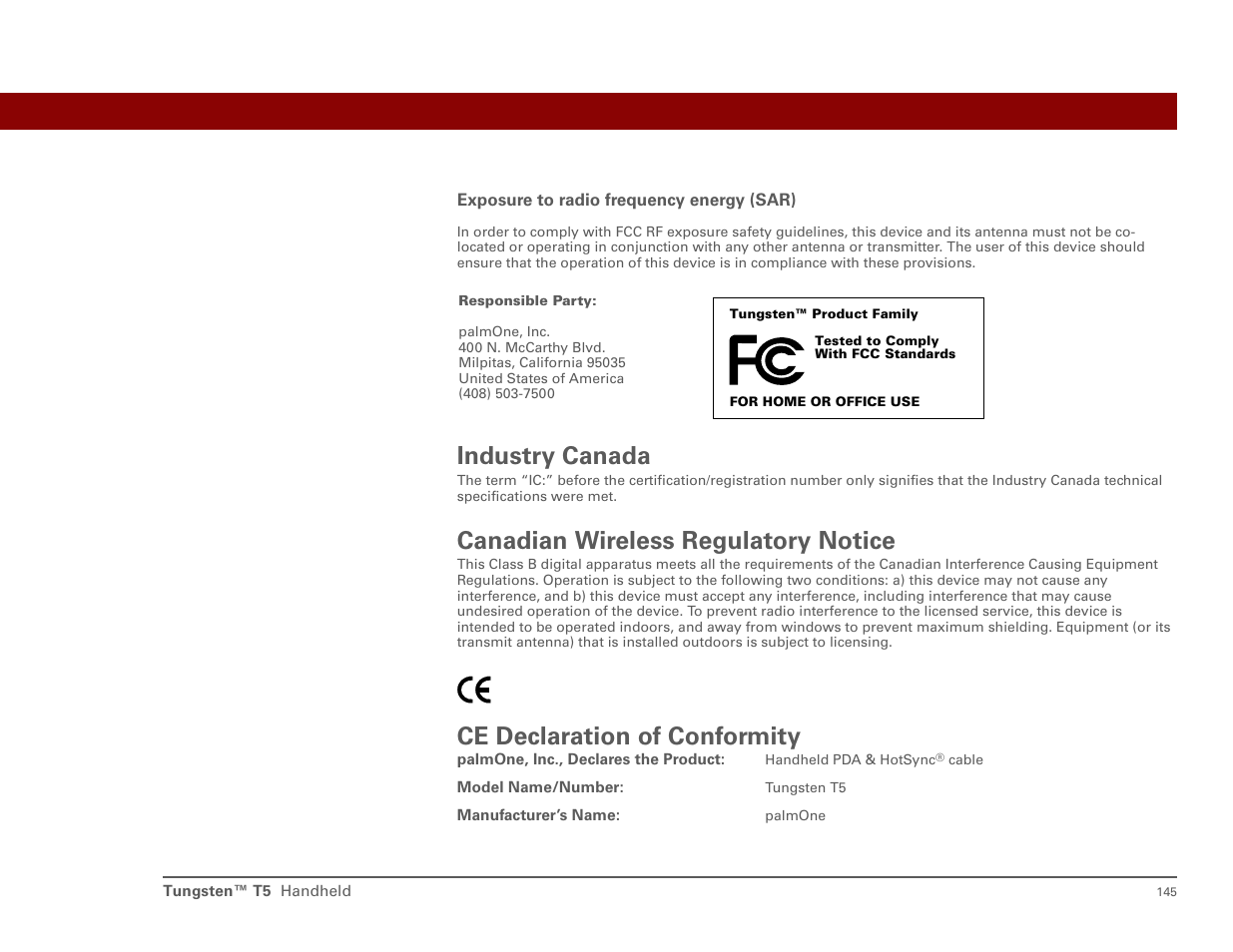 Industry canada, Canadian wireless regulatory notice, Ce declaration of conformity | Palm Tungsten T5 User Manual | Page 154 / 172