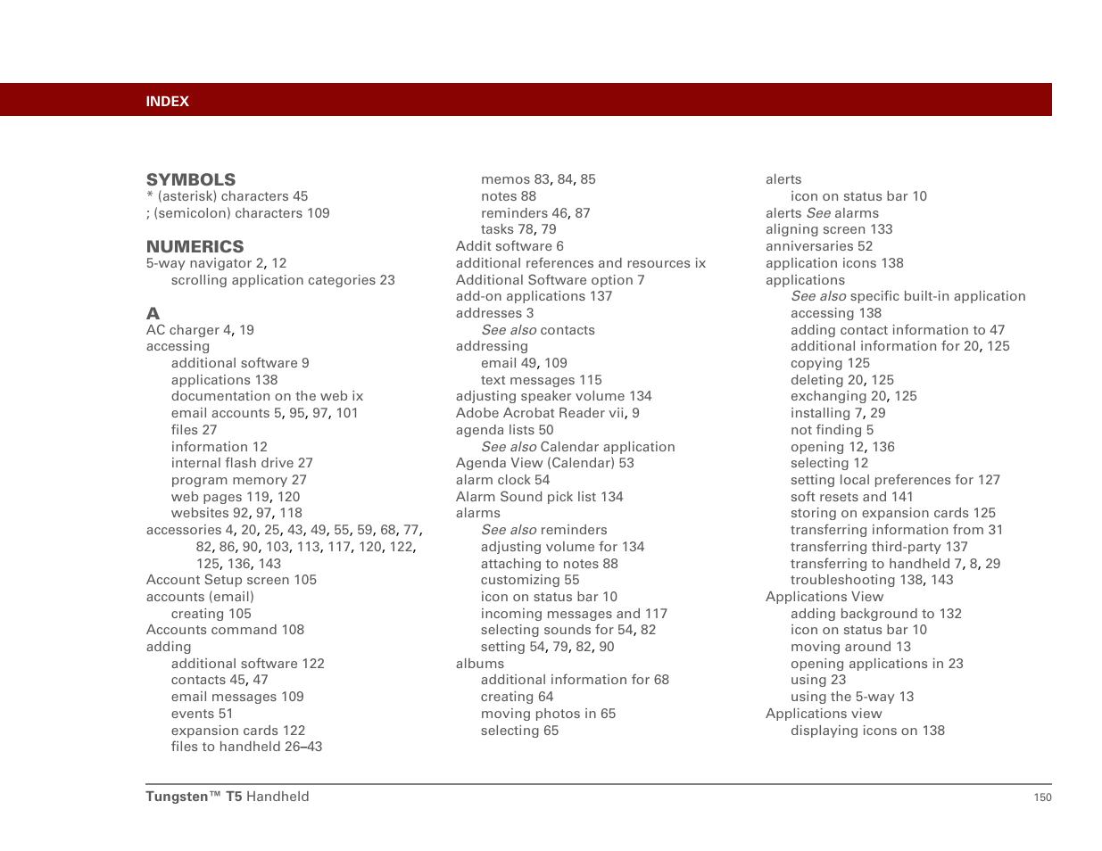 Index | Palm Tungsten T5 User Manual | Page 159 / 172