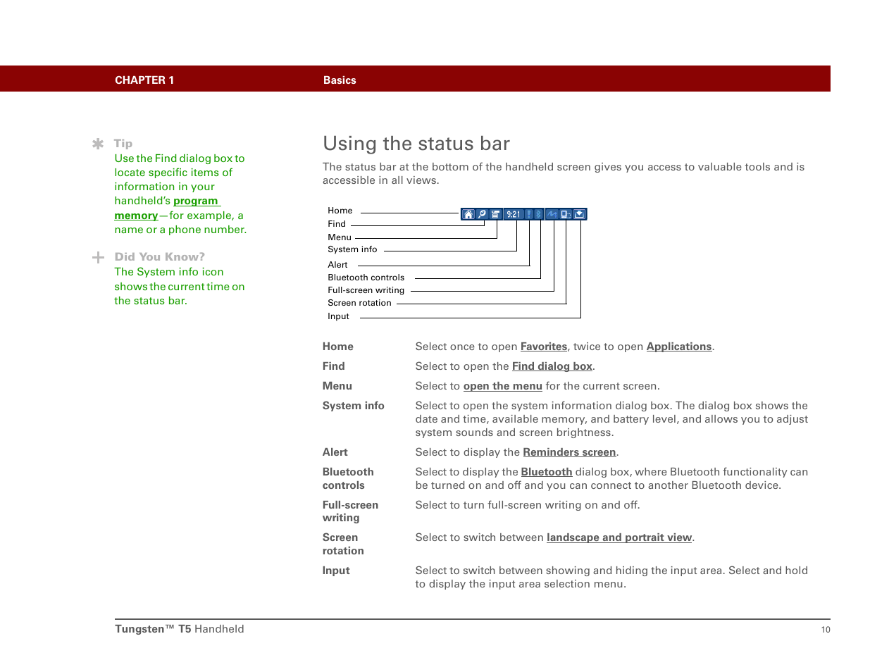 Using the status bar | Palm Tungsten T5 User Manual | Page 19 / 172