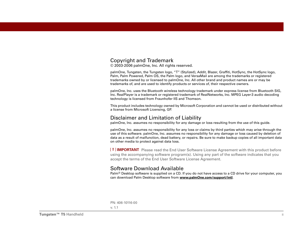 Copyright and trademark, Disclaimer and limitation of liability, Software download available | Palm Tungsten T5 User Manual | Page 2 / 172