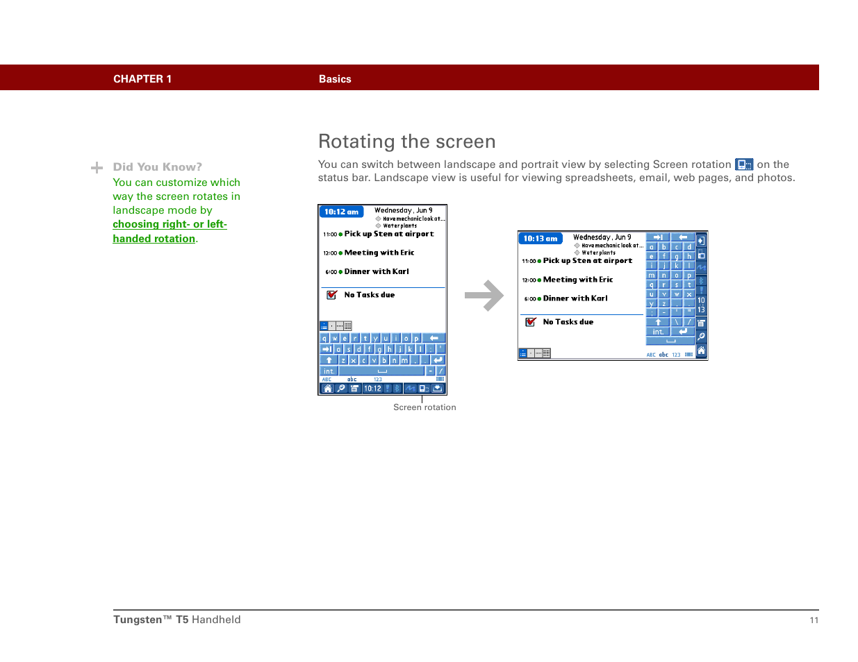 Rotating the screen, Landscape and portrait view | Palm Tungsten T5 User Manual | Page 20 / 172