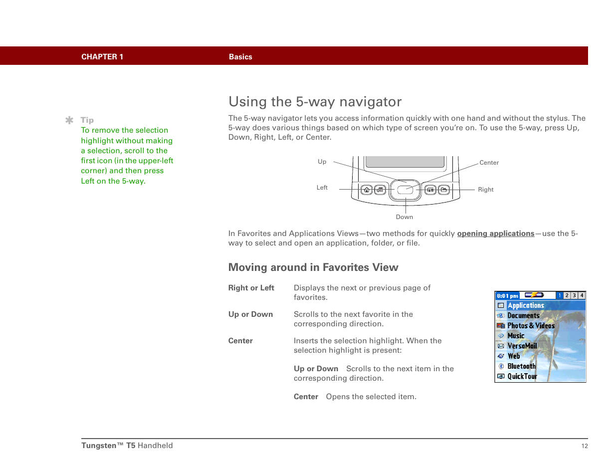 Using the 5-way navigator, Moving around in favorites view | Palm Tungsten T5 User Manual | Page 21 / 172