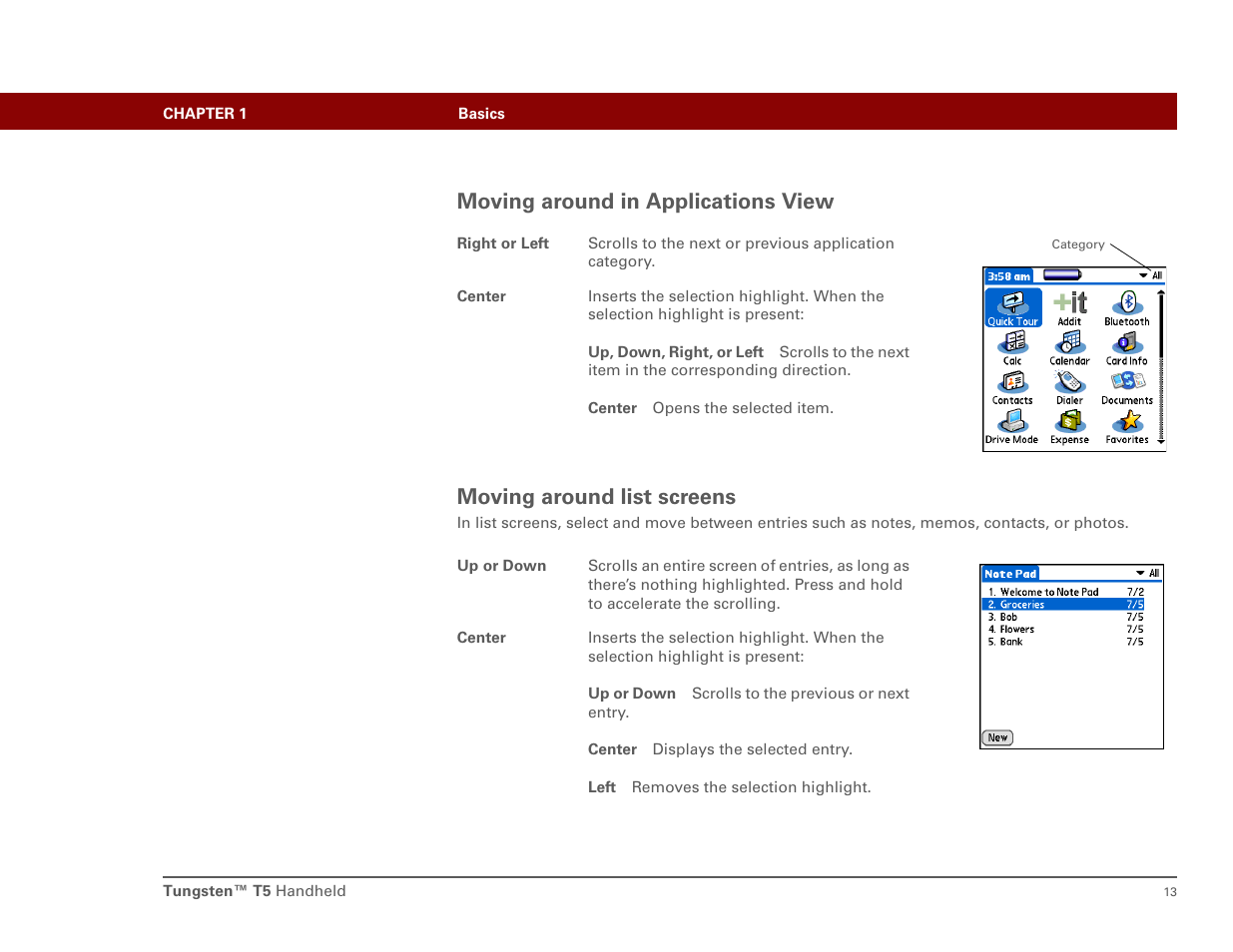 Moving around in applications view, Moving around list screens | Palm Tungsten T5 User Manual | Page 22 / 172