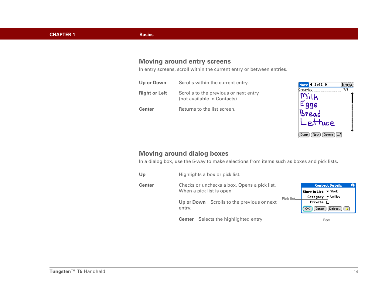 Moving around entry screens, Moving around dialog boxes | Palm Tungsten T5 User Manual | Page 23 / 172