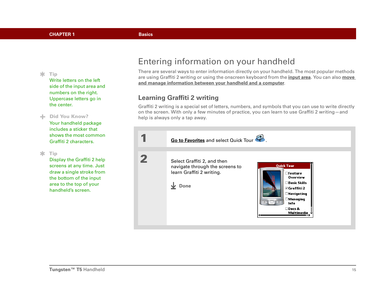 Entering information on your handheld, Learning graffiti 2 writing | Palm Tungsten T5 User Manual | Page 24 / 172