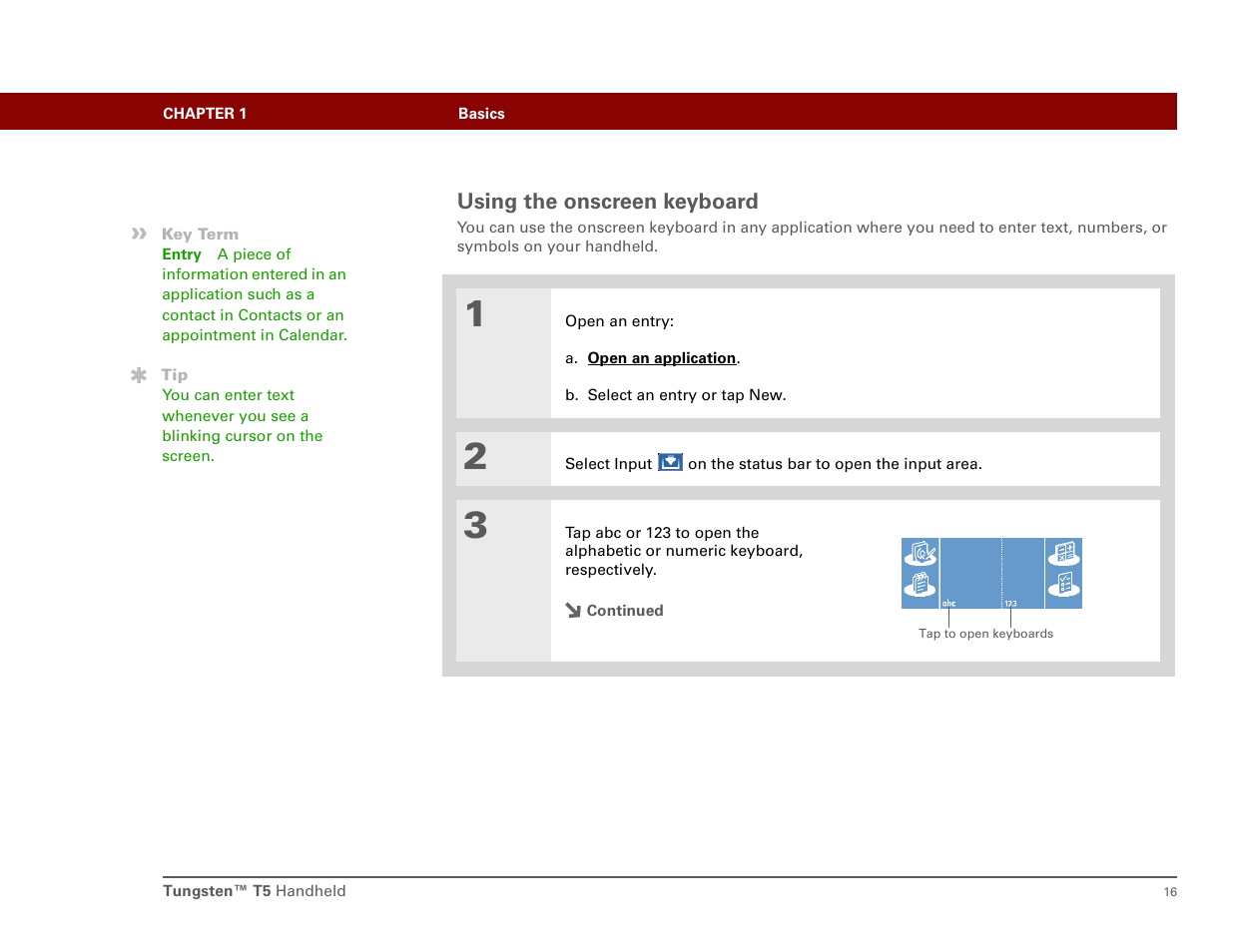 Using the onscreen keyboard | Palm Tungsten T5 User Manual | Page 25 / 172