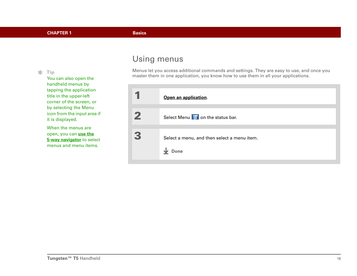 Using menus, Open the menu | Palm Tungsten T5 User Manual | Page 27 / 172