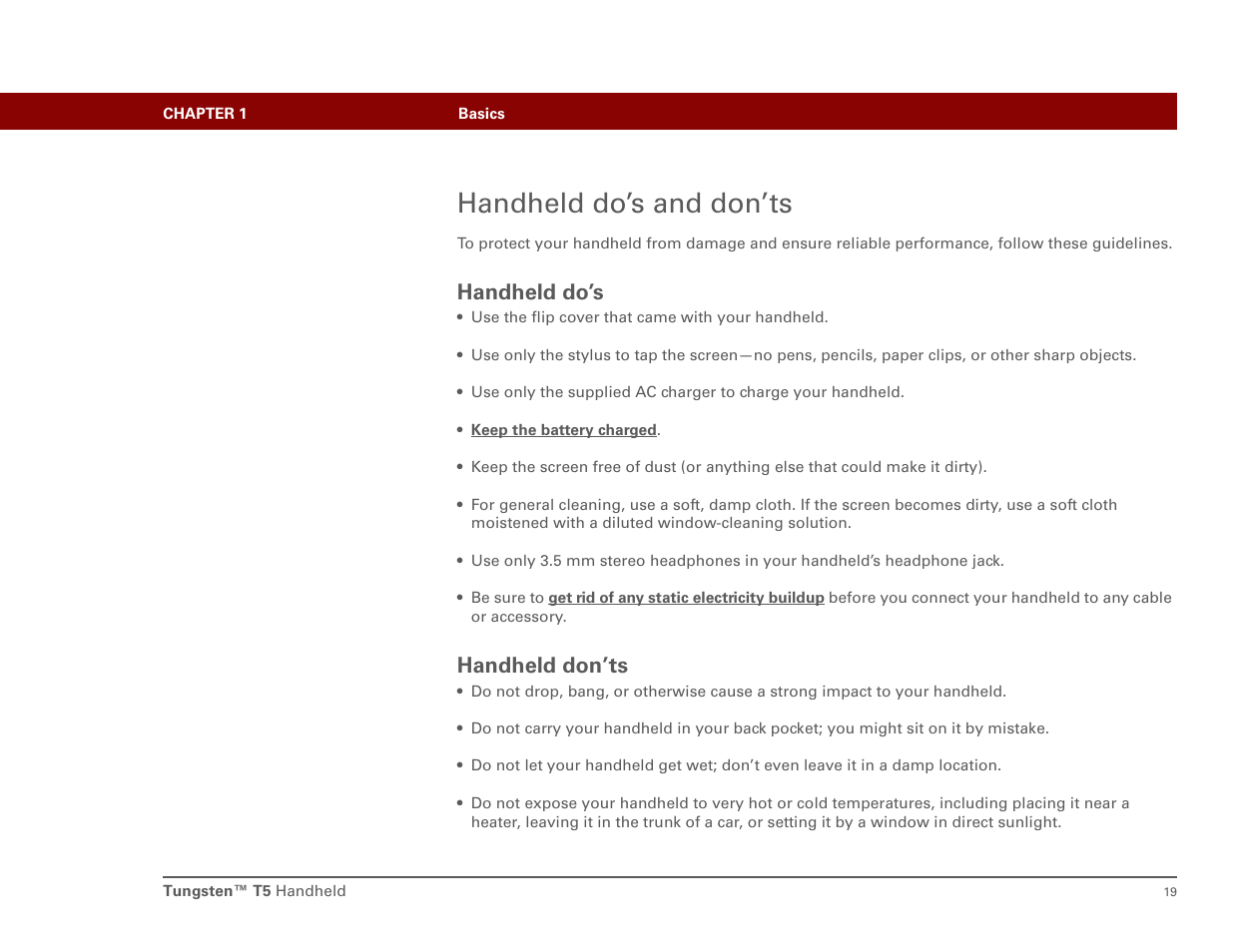 Handheld do’s and don’ts, Handheld do’s, Handheld don’ts | Palm Tungsten T5 User Manual | Page 28 / 172