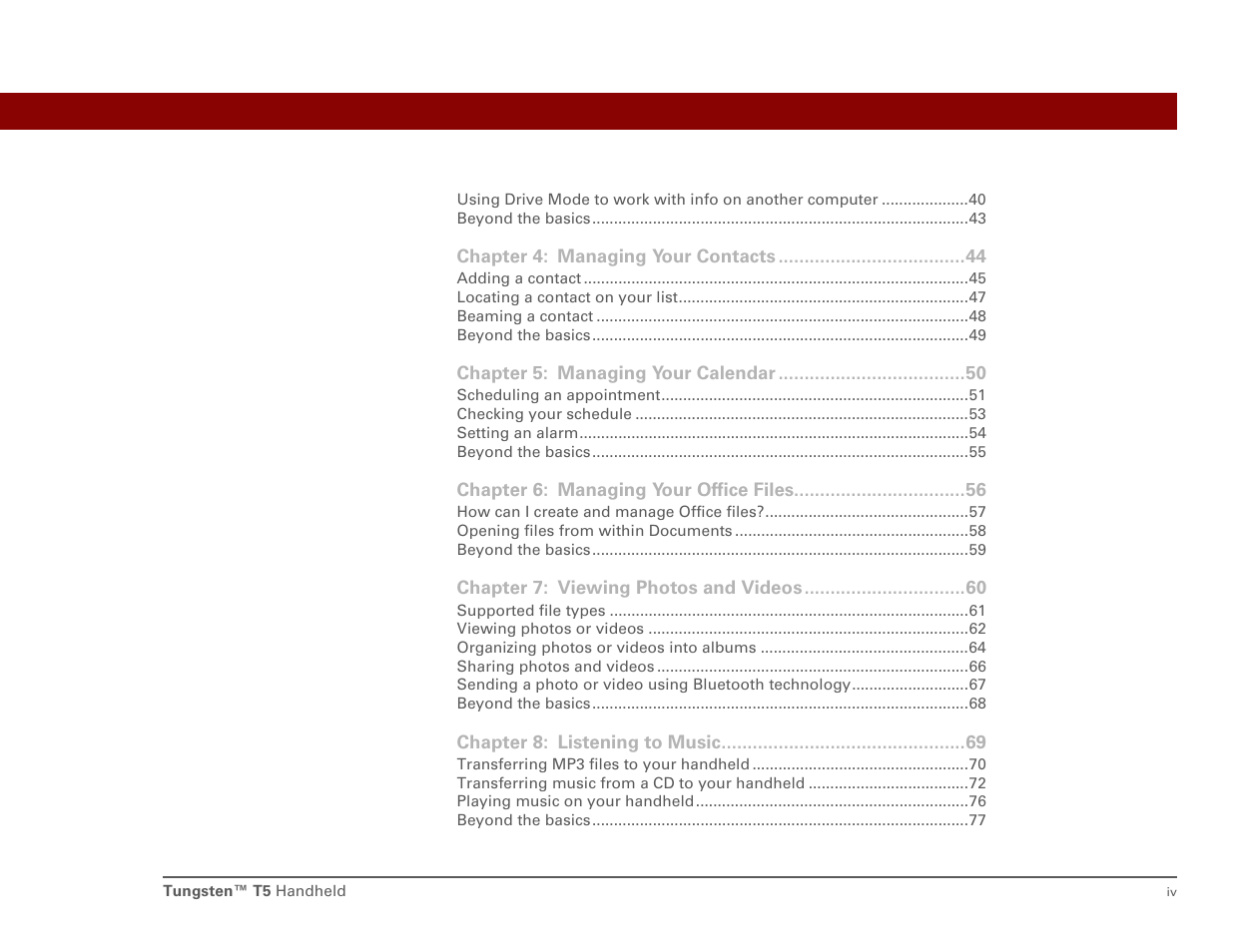 Palm Tungsten T5 User Manual | Page 4 / 172