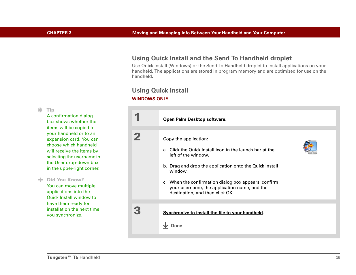 Using quick install | Palm Tungsten T5 User Manual | Page 44 / 172