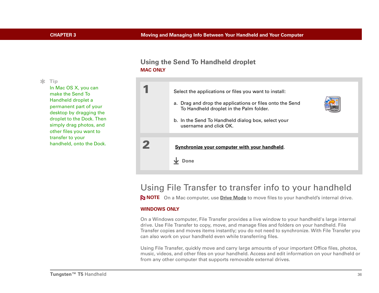 Using the send to handheld droplet, Palmone™ file transfer | Palm Tungsten T5 User Manual | Page 45 / 172