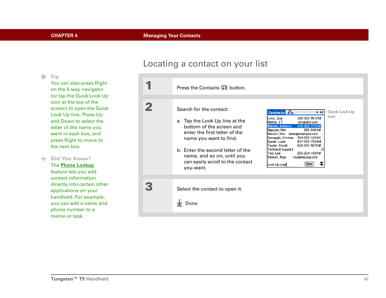 Locating a contact on your list | Palm Tungsten T5 User Manual | Page 56 / 172